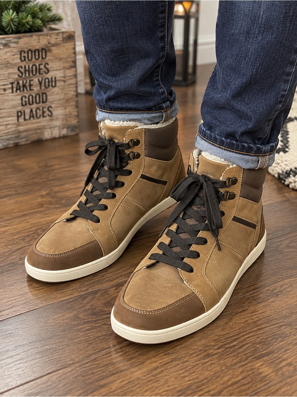 Express Men’s Size 11 Tan Brown Faux Fur Lined High Top Sneakers Boots